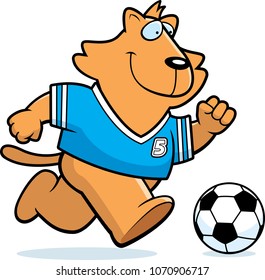 A cartoon illustration of a cat playing soccer.