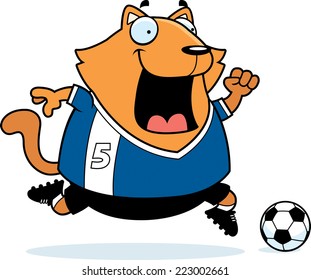 A cartoon illustration of a cat playing soccer.