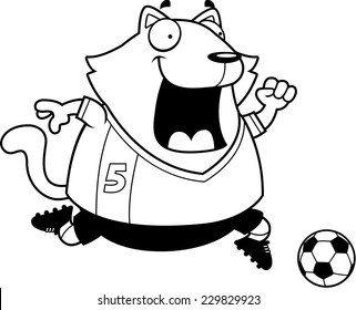 A cartoon illustration of a cat playing soccer.