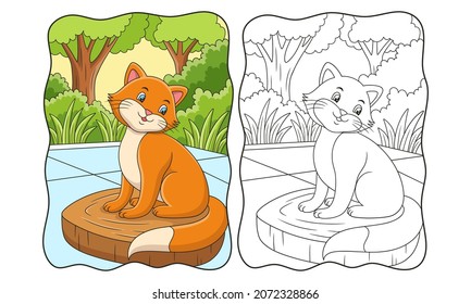 cartoon illustration cat posing cool on a log in the yard book or page for kids