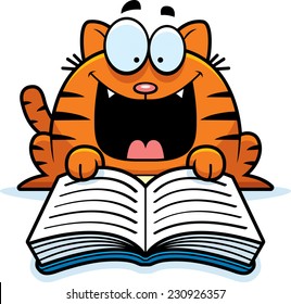 A cartoon illustration of a cat reading a book.