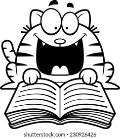 A cartoon illustration of a cat reading a book.