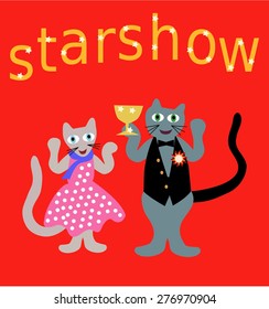 Cartoon illustration of cat show winner with cat couple under inscription starshow