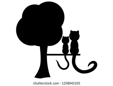 Cartoon illustration of a cat sitting on a tree. It's a black silhouette. The background is white.