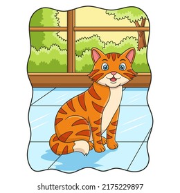 cartoon illustration the cat is standing behind the window in the house to see the scenery behind the window