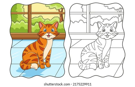 ilustración de caricatura que el gato está parado detrás de la ventana de la casa para ver el paisaje detrás del libro de ventanas o página para los niños