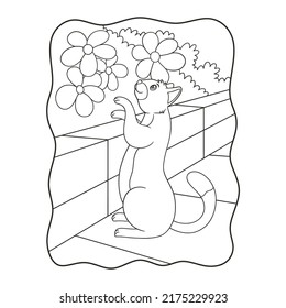 cartoon illustration The cat stands looking and touching the flower behind the high wall book or page for kids black and white