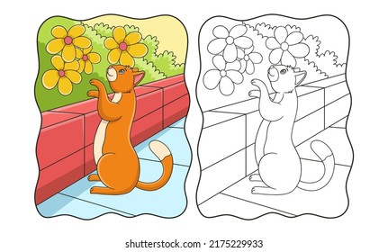 cartoon illustration The cat stands looking and touching the flower behind the high wall book or page for kids