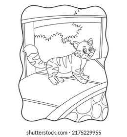 cartoon illustration cat walking on a wooden bridge looking at the water well book or page for kids black and white