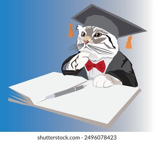 Cartoon illustration of a cat wearing a bachelor's hat and thinking about pouring out his ideas