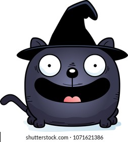 A cartoon illustration of a cat in a witch hat happy and smiling.