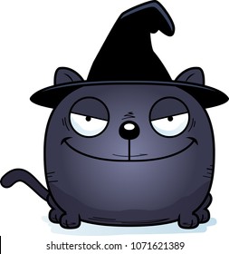 A cartoon illustration of a cat in a witch hat with a sly expression.