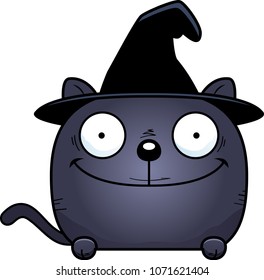 A Cartoon Illustration Of A Cat In A Witch Hat Peeking Over An Object.