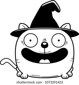 A cartoon illustration of a cat in a witch hat happy and smiling.