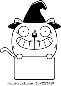 A cartoon illustration of a cat in a witch hat with a white sign.