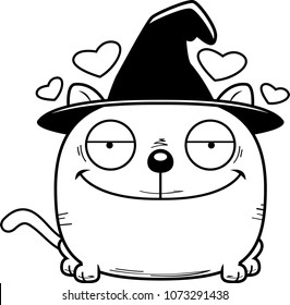A cartoon illustration of a cat in a witch hat with an in love expression.