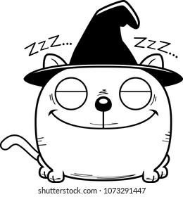 A cartoon illustration of a cat in a witch hat taking a nap.