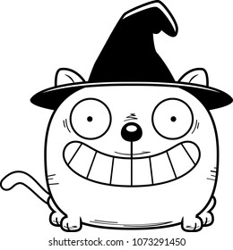 A cartoon illustration of a cat in a witch hat happy and smiling.