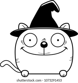 A Cartoon Illustration Of A Cat In A Witch Hat Peeking Over An Object.