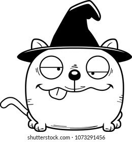 A cartoon illustration of a cat in a witch hat with a goofy expression.