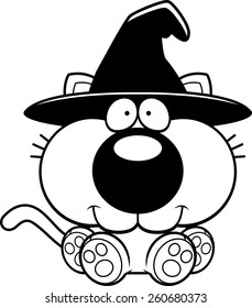 A cartoon illustration of a cat in a witch hat sitting and smiling.