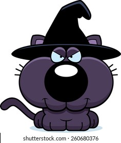 A cartoon illustration of a cat in a witch hat with a sly expression.