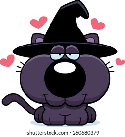 A cartoon illustration of a cat in a witch hat with an in love expression.