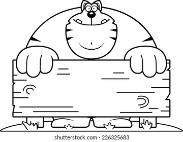 A cartoon illustration of a cat with a wooden sign.