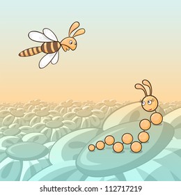 Cartoon illustration of caterpillar and bee, concept of love at first sight