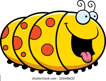 A cartoon illustration of a caterpillar looking hungry.