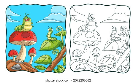 cartoon illustration caterpillar on mushrooms and leaves coloring book or page for kids