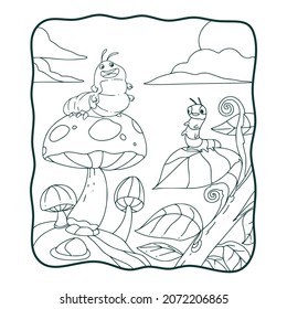 cartoon illustration caterpillar on mushrooms and leaves coloring book or page for kids black and white