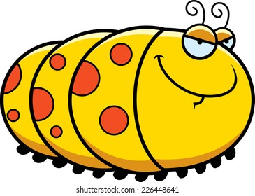 A cartoon illustration of a caterpillar with a sly expression.