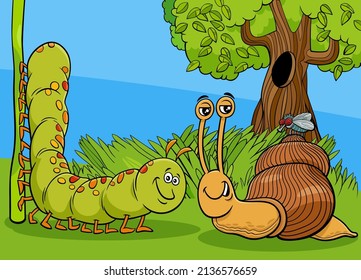 Cartoon illustration of caterpillar and snail with fly animal characters
