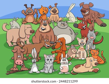 Cartoon illustration of cats and dogs and rabbits animal characters group