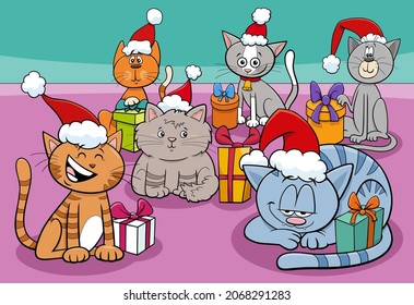 Cartoon illustration of cats and kittens animal characters group with presents on Christmas time