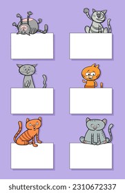 Cartoon illustration of cats and kittens animal characters with blank cards or banners design set