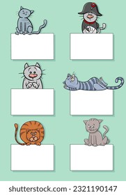 Cartoon illustration of cats and kittens animal characters with blank cards or banners design set