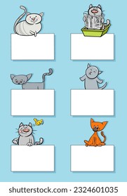 Cartoon illustration of cats and kittens animal characters with blank cards or banners design set