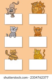 Cartoon illustration of cats and kittens animal characters with blank cards or banners design set