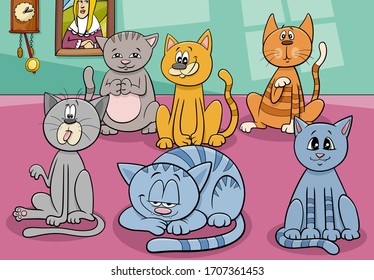 Cartoon Illustration of Cats and Kittens Comic Animal Characters Group in the House