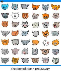 Cartoon Illustration of Cats and Kittens Heads Large Set
