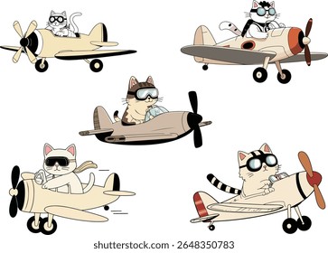 Cartoon illustration of cats wearing goggles and flying vintage airplanes against a black background. Cute and whimsical aviation theme.
