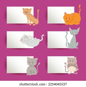 Cartoon illustration of cats with white cards or boards greeting or business card design set
