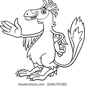 Cartoon illustration of Caudipteryx or feathered dinosaur prehistoric animal character waning hand coloring page