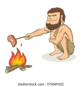 Cartoon Illustration Of A Caveman Cooking Meat On Fire