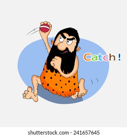 Cartoon illustration of a caveman grabing a cricket ball.