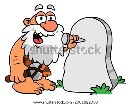 Cartoon Illustration of Caveman holding a hammer made of stone and stone chisel get ready to writing at inscription of stone, stone age living, best for mascot and sticker with prehistoric themes