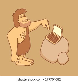 Cartoon illustration of a caveman touching a laptop keyboard