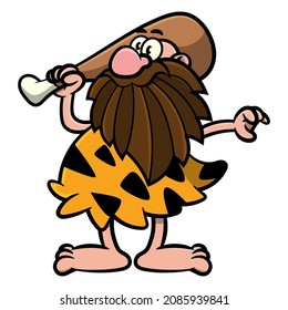 Cartoon illustration of caveman wearing leather clothes and carrying a meat, best for mascot, sticker, and logo with stone age living themes